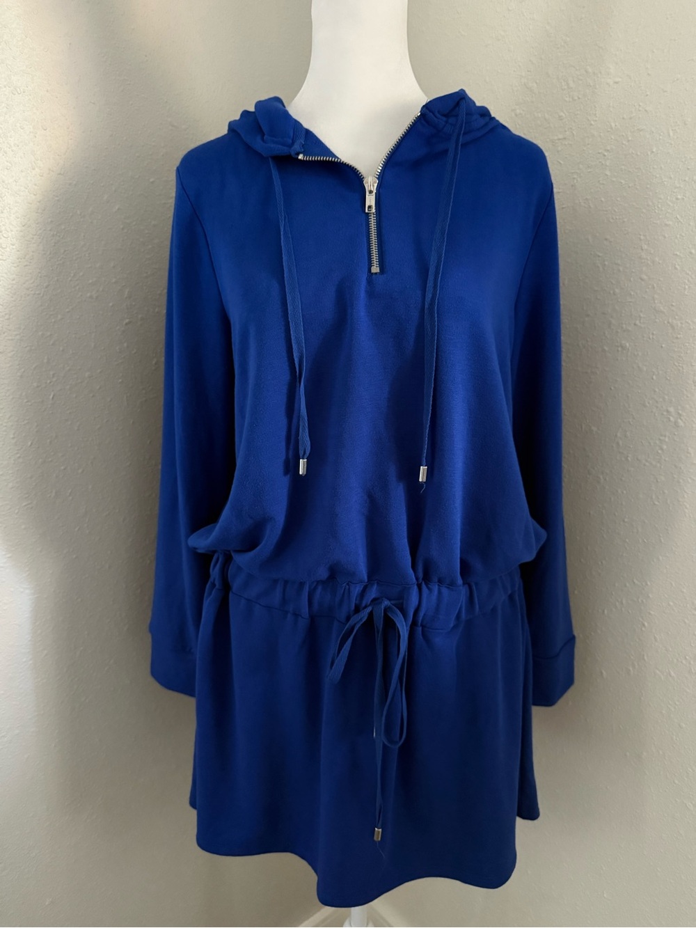 Neiman Marcus NWT Blue Long Sleeve Hooded Drawstring Mini Dress L